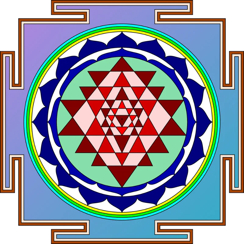 A collection of yantras arranged in a geometric pattern, radiating energy and intricate designs