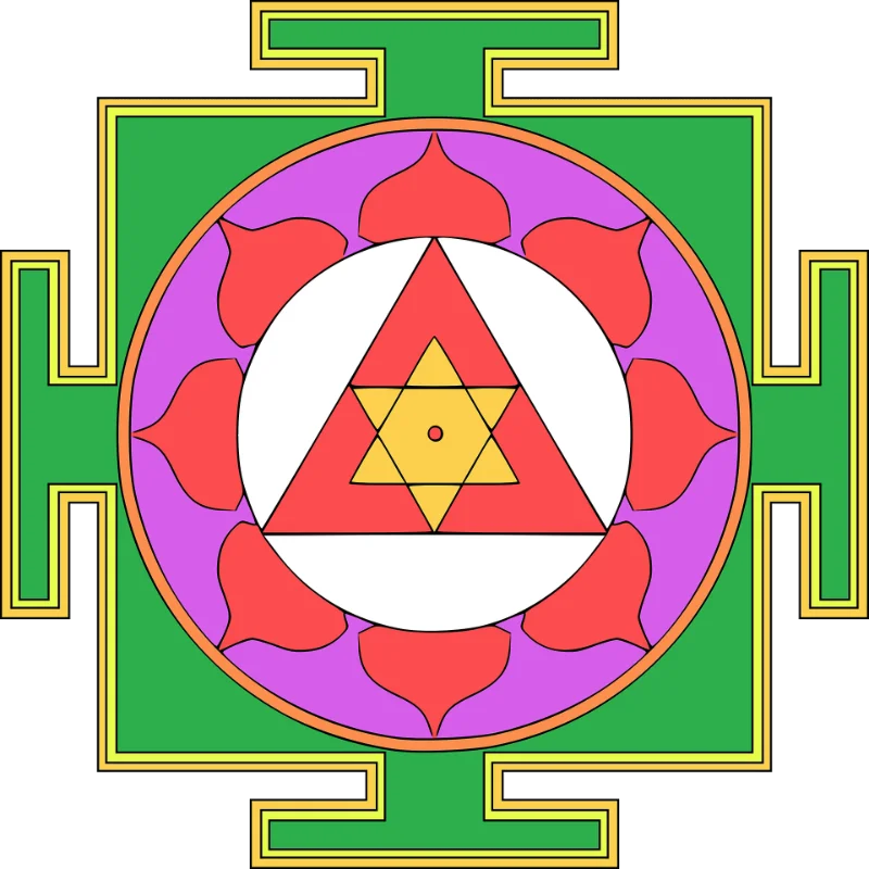 A vibrant mandala-like yantra with intricate geometric patterns and bold colors, radiating energy and balance
