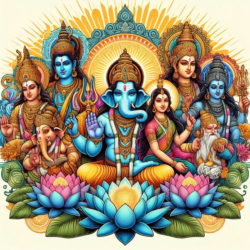Three powerful deities stand amidst swirling galaxies, each radiating their unique energy into the cosmos. Their presence fills the universe with a sense of awe and reverence