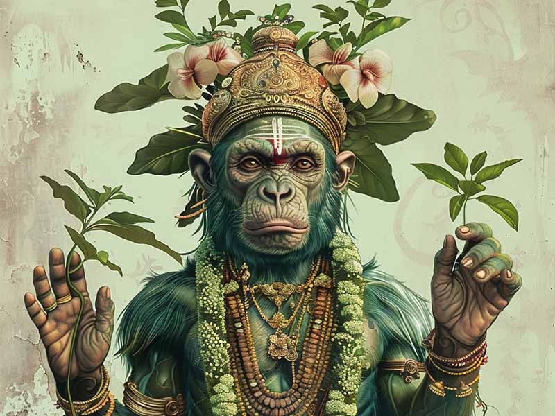 A majestic Hanuman statue stands tall amidst lush greenery, with devotees gathered around, seeking blessings and offering prayers