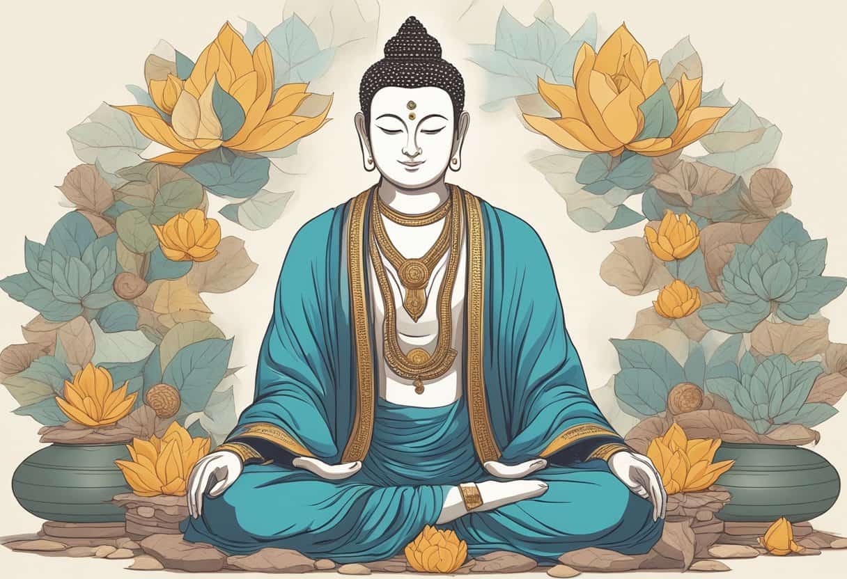 A serene figure sits in lotus position, surrounded by material possessions. Their expression is calm and detached, symbolizing vairagya