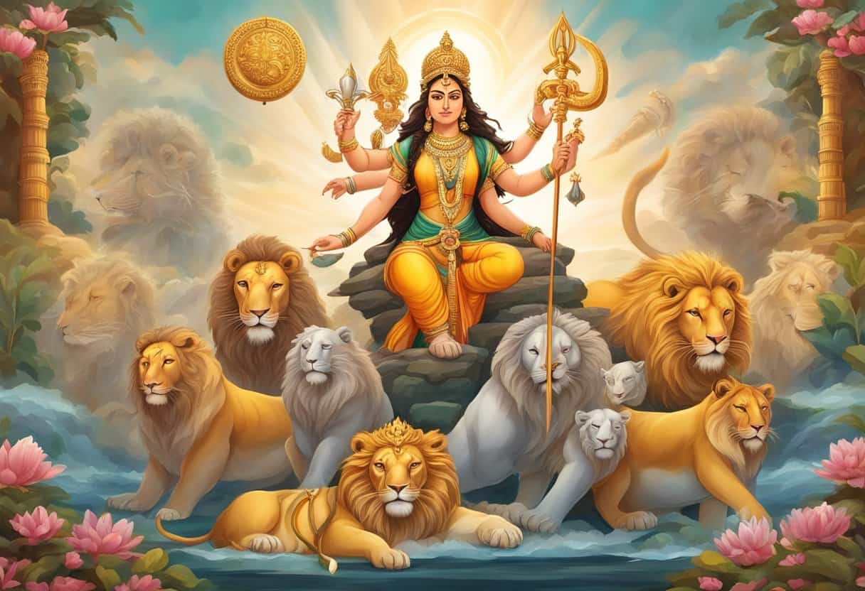 Durga's manifestations and symbols: lion, trident, lotus, conch shell, sword, and bow. A fierce goddess with multiple arms, riding a lion