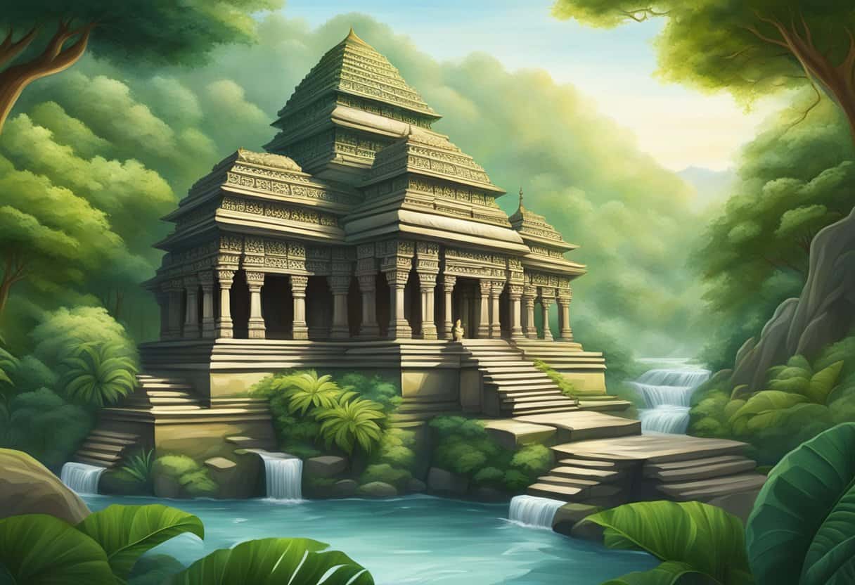 A serene temple with intricate carvings, surrounded by lush greenery and a flowing river, symbolizing the spiritual and philosophical aspects of Durga