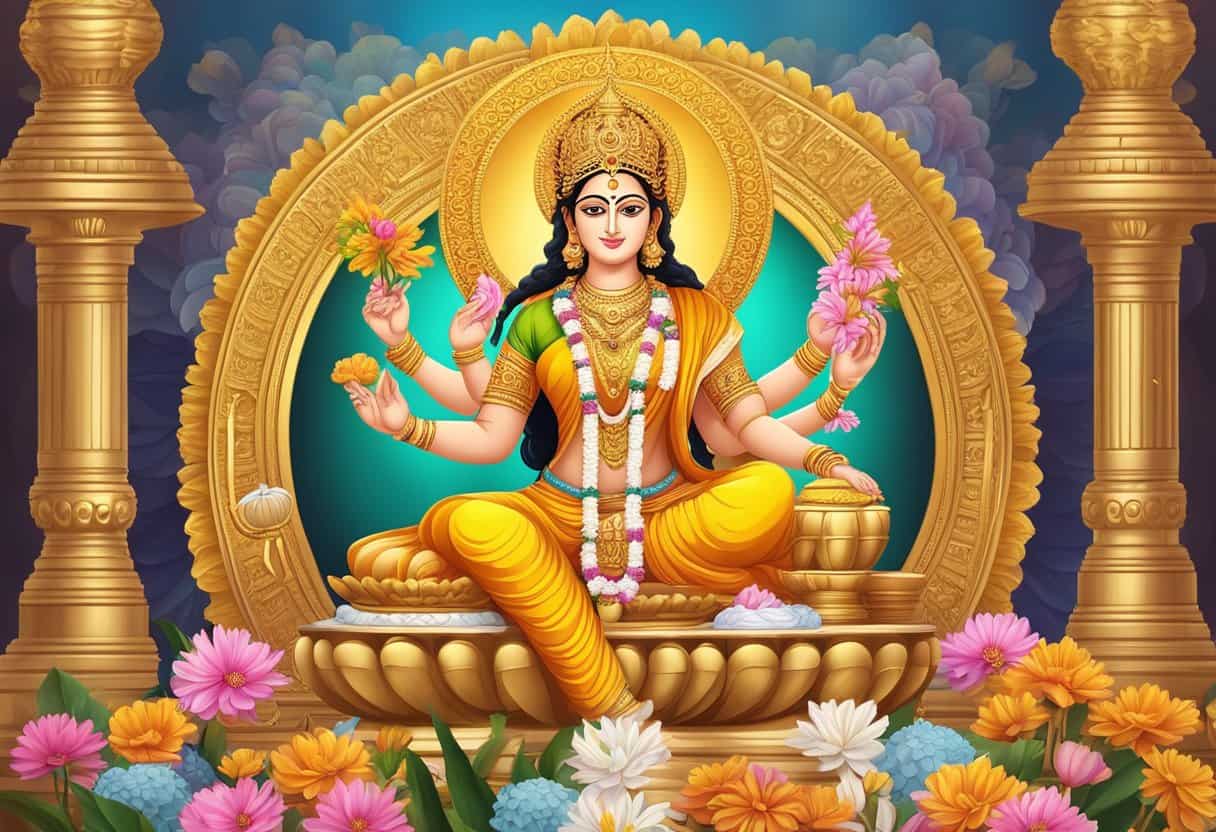 A golden statue of the Hindu goddess Durga surrounded by offerings and flowers in a temple
