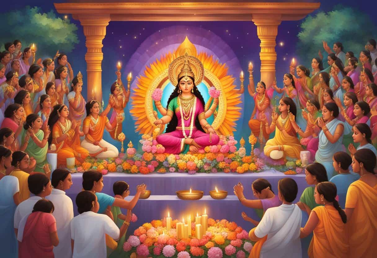 A colorful altar adorned with flowers, candles, and images of the goddess Durga, surrounded by devotees chanting and performing rituals