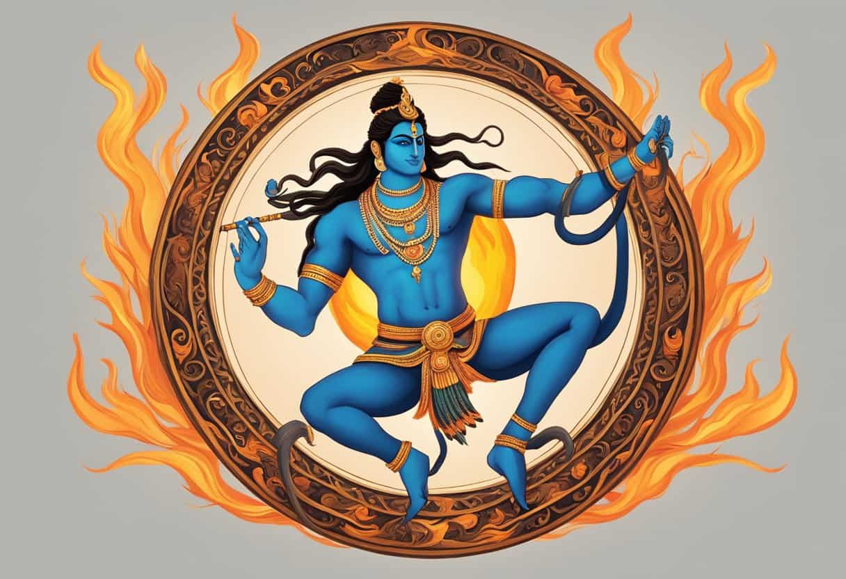 Shiva Nataraja dances within a circle of flames, holding a drum and a flame, with a cobra coiled around his neck