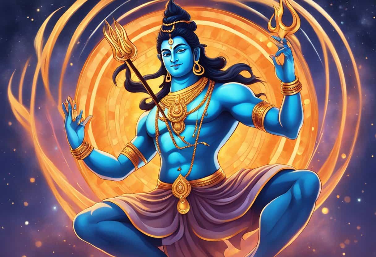 Shiva Nataraja, the cosmic dancer, surrounded by flames and holding a trident, with a serene expression on his face