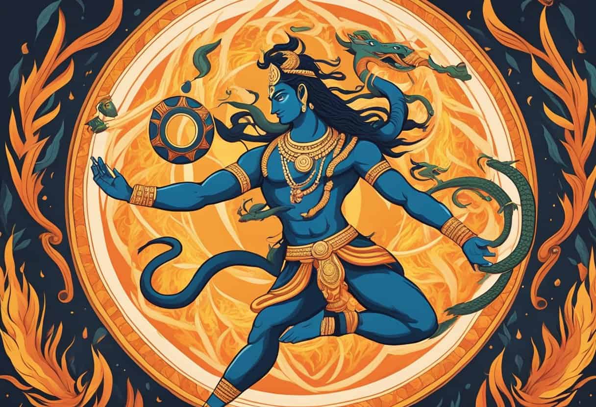 Shiva Nataraja dances within a circle of flames, holding a drum and a flame, with a cobra coiled around his neck. His hair is flying, and he is surrounded by a ring of fire