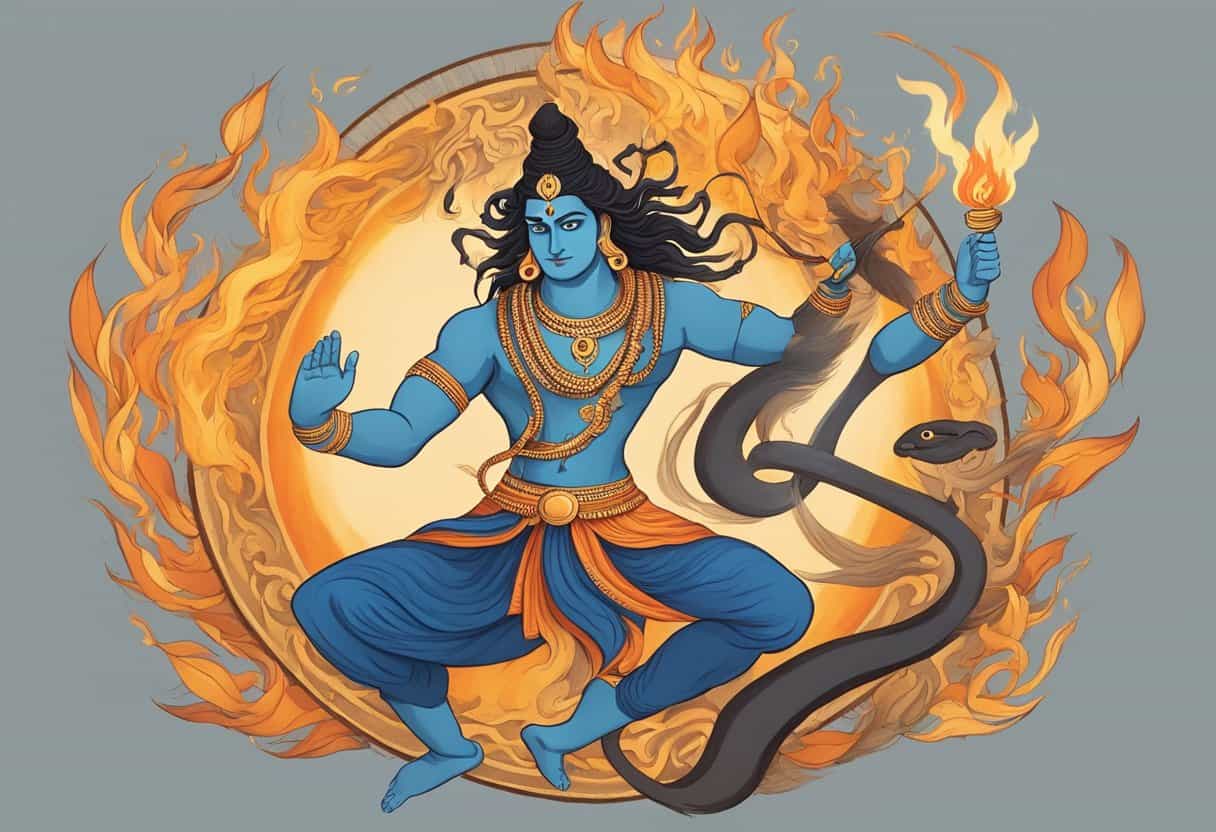Shiva Nataraja dances in a circle of flames, holding a drum and fire, with a cobra coiled around his neck. His hair flies wildly as he performs the cosmic dance of creation and destruction