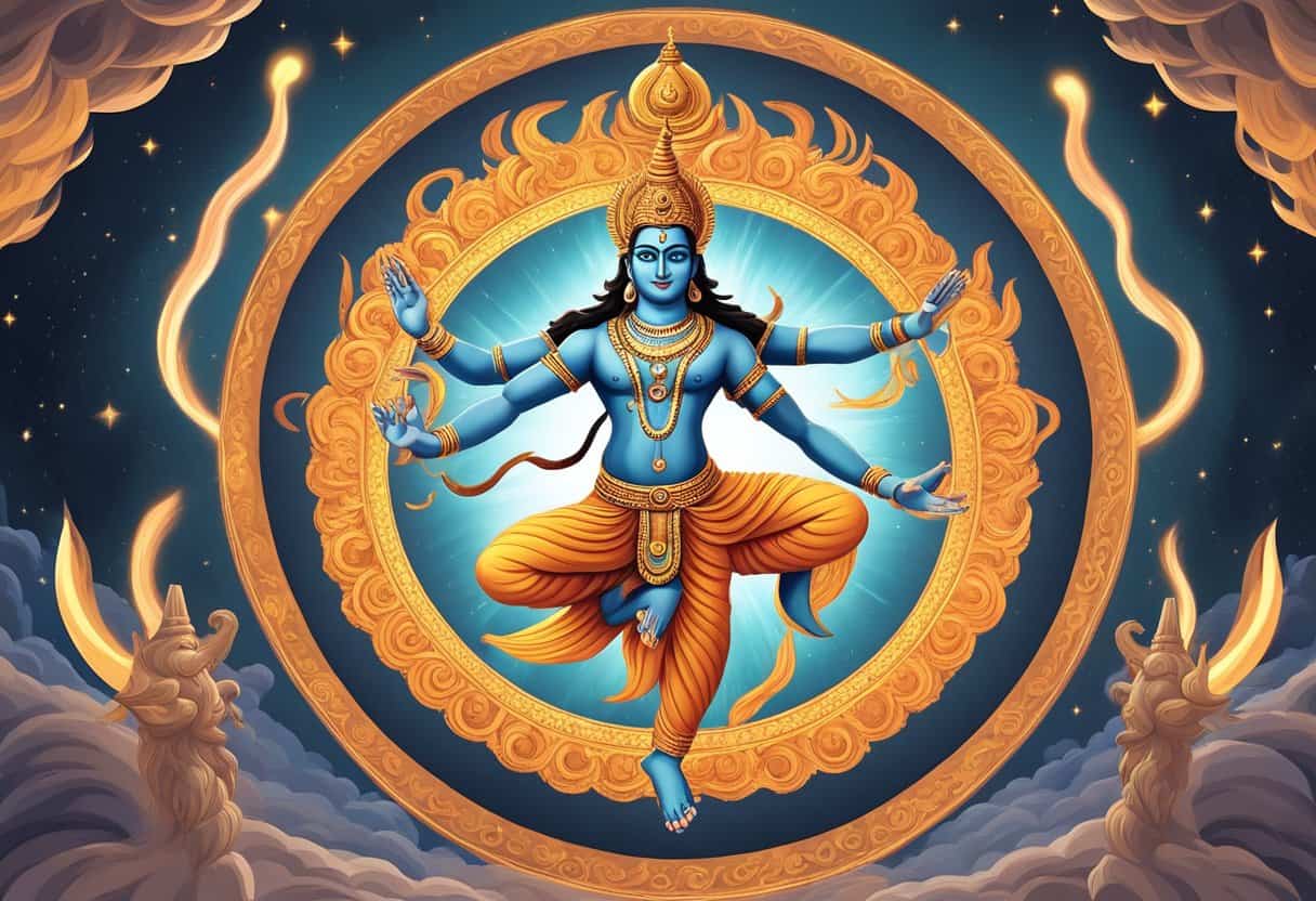 Shiva Nataraja statue with multiple arms and legs, dancing on a demon, surrounded by a ring of fire and encircled by a cosmic halo