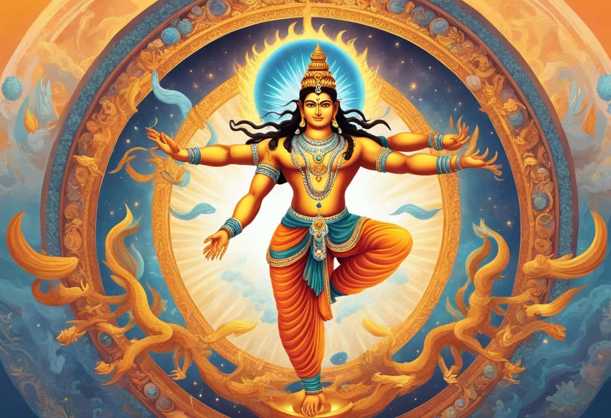 Shiva Nataraja, the cosmic dancer, stands in the center of a ring of fire, with multiple arms and legs in motion, holding various symbolic objects