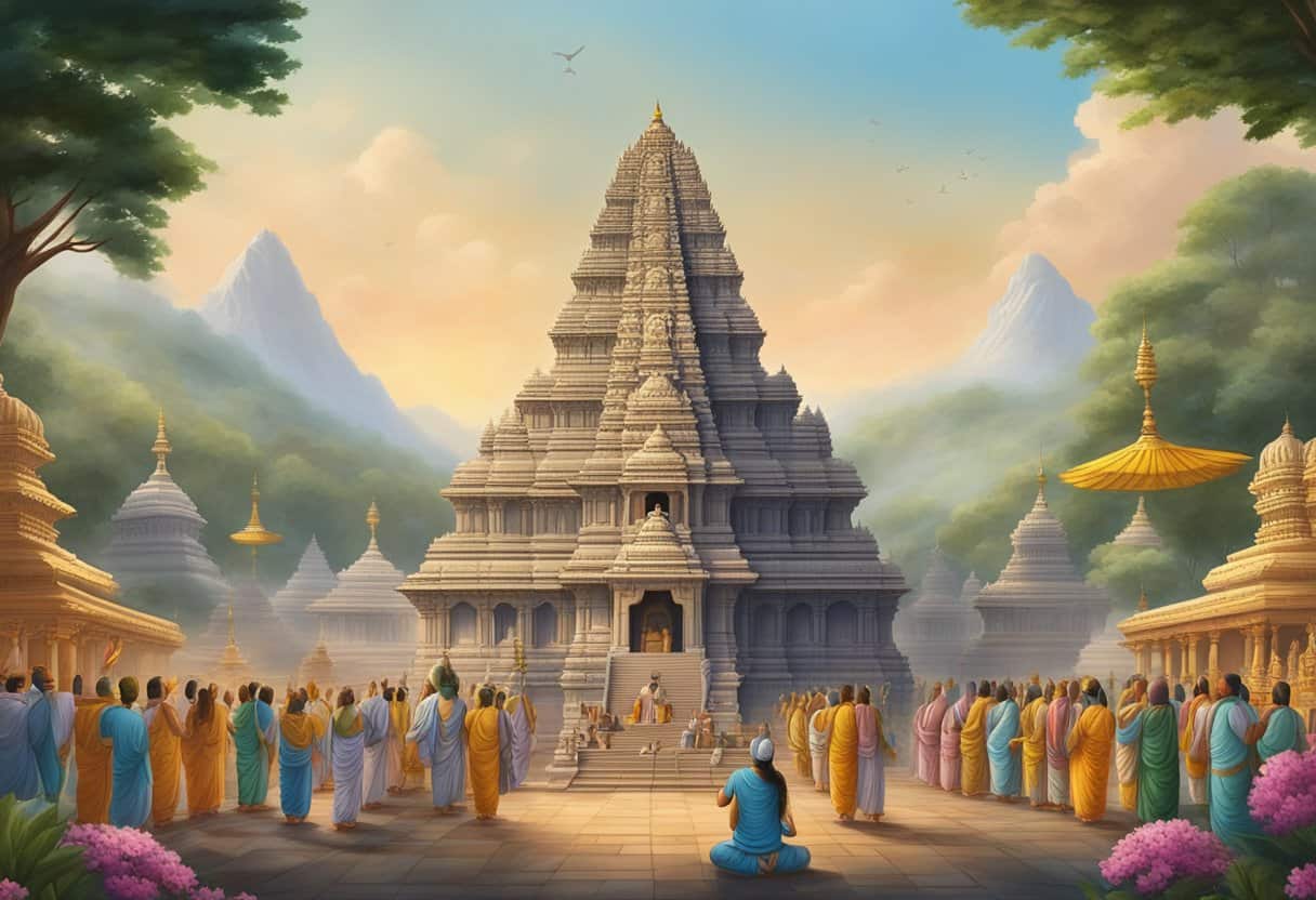 A grand temple with three towering statues of Brahma, Vishnu, and Shiva surrounded by devotees offering flowers and incense