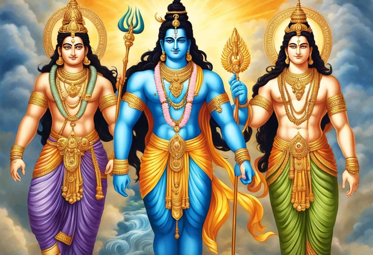 Three powerful deities, Brahma, Vishnu, and Shiva, stand together in a divine union, representing creation, preservation, and destruction