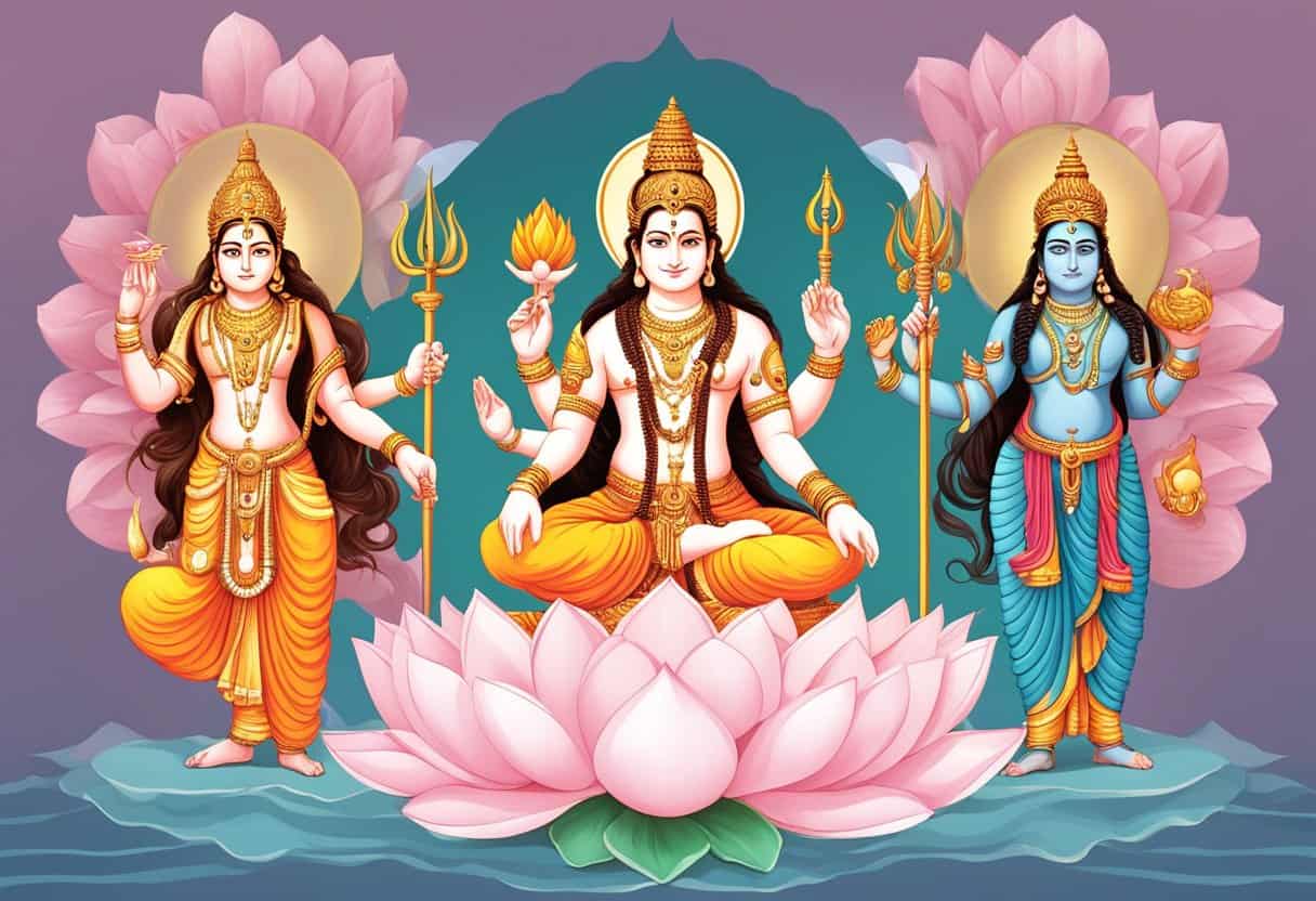 Three Hindu deities, Brahma, Vishnu, and Shiva, standing side by side with their respective symbols - a lotus, a conch shell, and a trident
