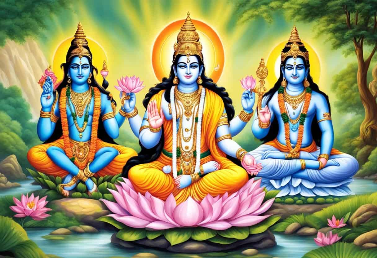 The scene depicts the three Hindu deities Brahma, Vishnu, and Shiva, representing creation, preservation, and destruction, seated together in a divine and peaceful setting