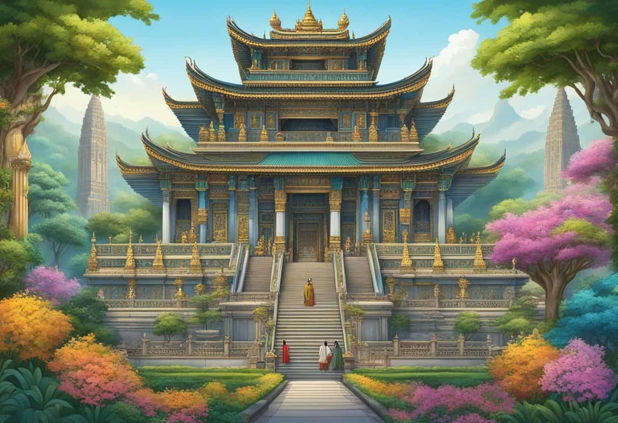A grand temple with three towering statues of cultural deities, surrounded by vibrant flora and adorned with intricate carvings