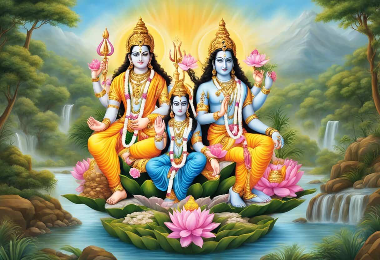 The trimurti, consisting of Brahma, Vishnu, and Shiva, is depicted in a serene setting with symbolic elements representing creation, preservation, and destruction