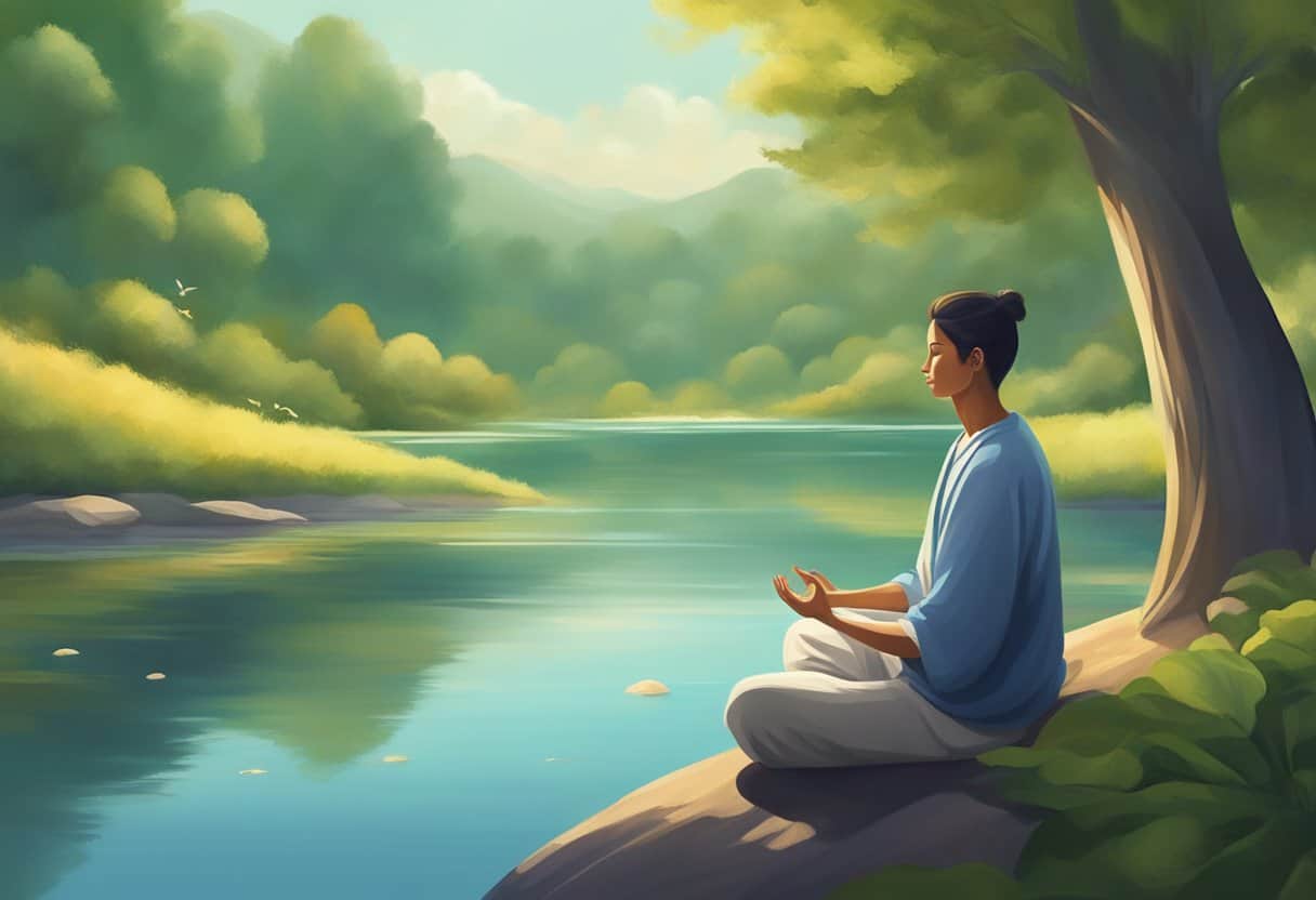A serene figure meditates in a peaceful setting, surrounded by nature and calmness. The atmosphere is tranquil, with a sense of inner peace and mindfulness