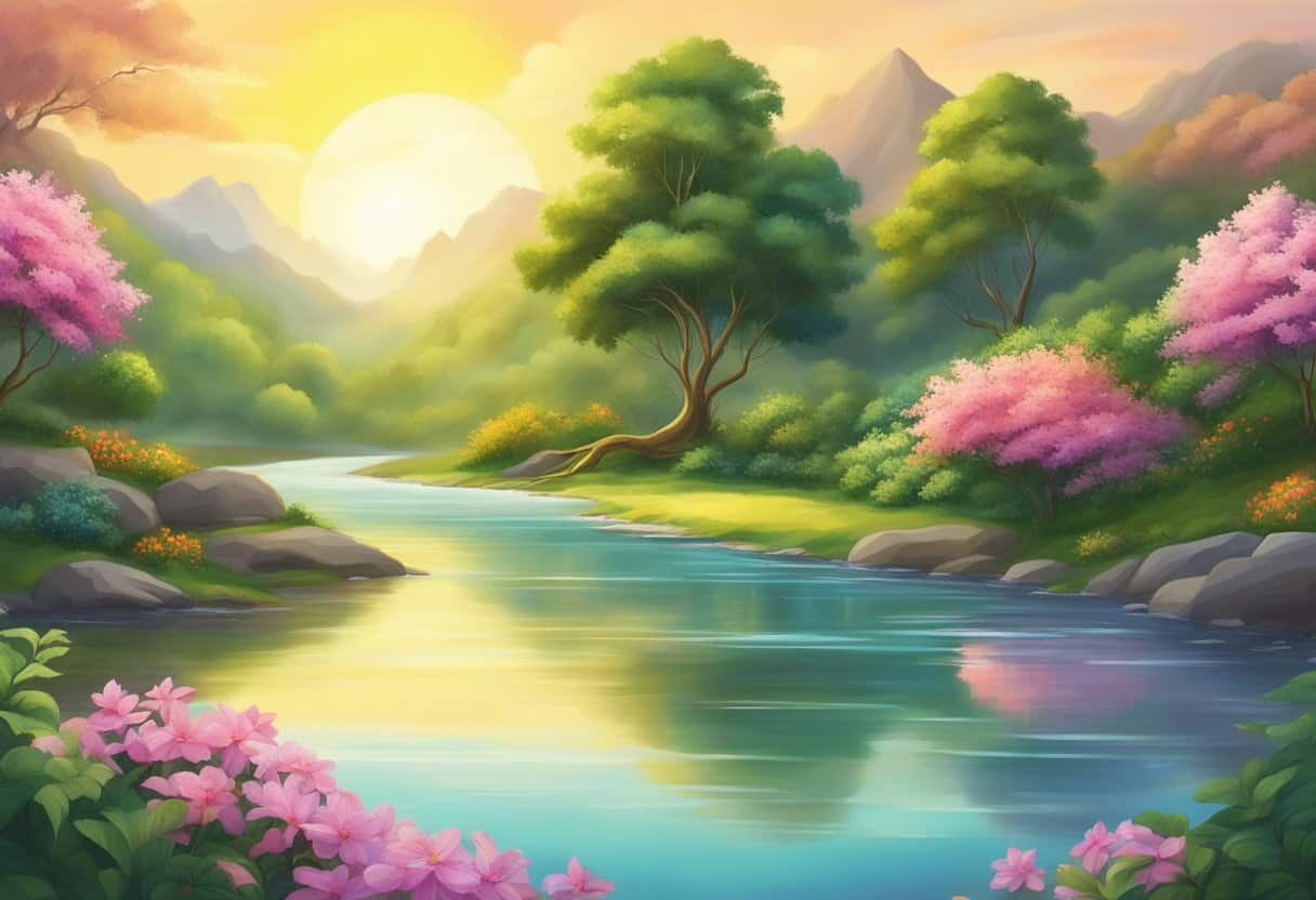 A serene landscape with a radiant sun and a flowing river, surrounded by lush greenery and vibrant flowers, symbolizing the conceptualization of Brahman, the divine god