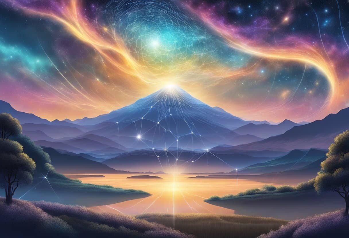 A serene landscape with a vast, cosmic sky and a shimmering, interconnected web of energy flowing through all living and non-living entities