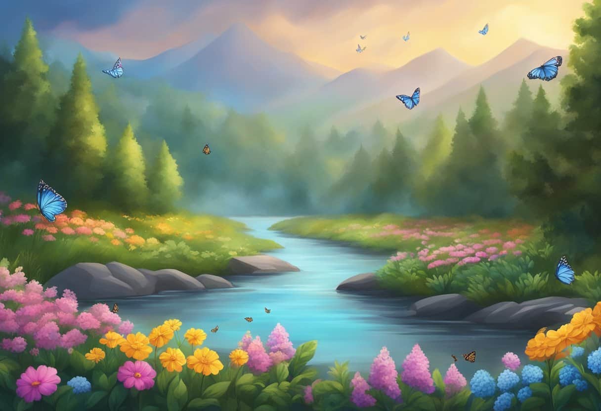 A serene river flowing through a lush forest, with colorful flowers and butterflies fluttering around. A small fire burns on the riverbank, as smoke rises into the sky