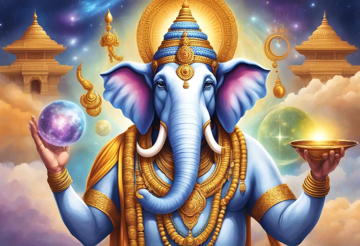 Brahman, the ultimate cosmic force in Hinduism, radiates energy and light, surrounded by celestial beings and symbols of order and harmony