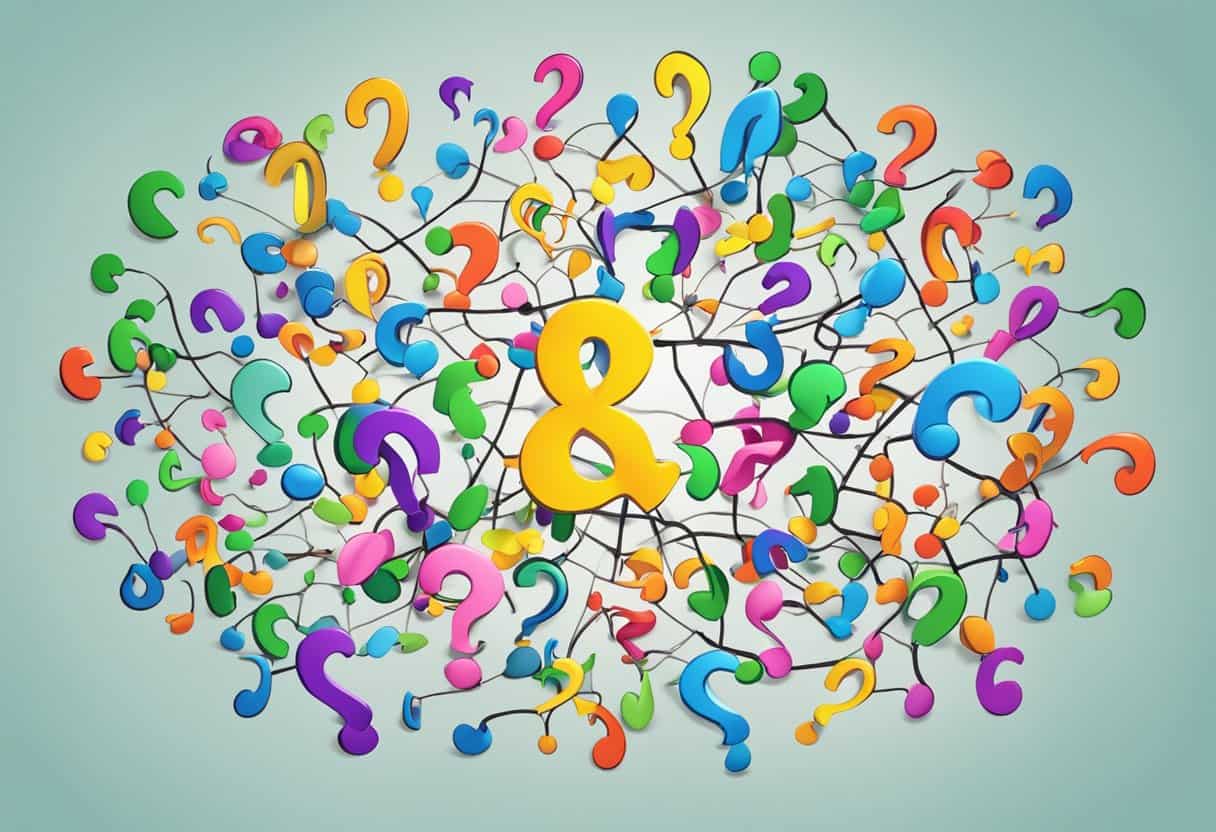 A tangled web of colorful question marks surrounds a central word "kleshas" on a blank background