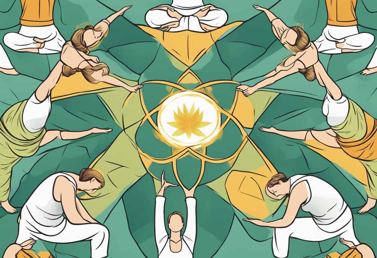 The five kleshas are depicted in a circular pattern, each representing ignorance, ego, attachment, aversion, and fear in the center of a yoga studio