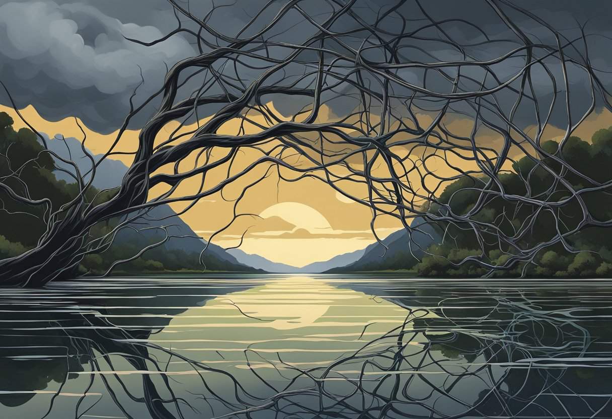 Dark clouds loom over a serene lake, reflecting the turmoil within. A tangled web of thorny vines encircles the water, symbolizing the kleshas' grip on the mind