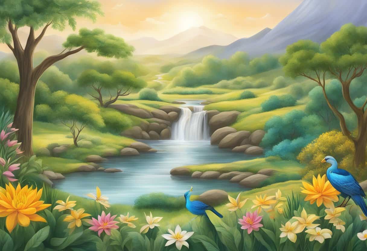 A serene landscape with symbols of various spiritual traditions, representing the significance of Kleshas