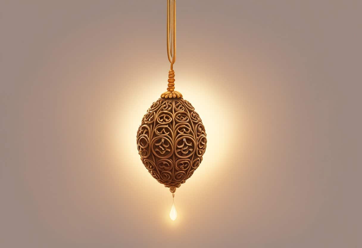 A single rudraksha seed hanging from a thin thread, with soft light illuminating it from above