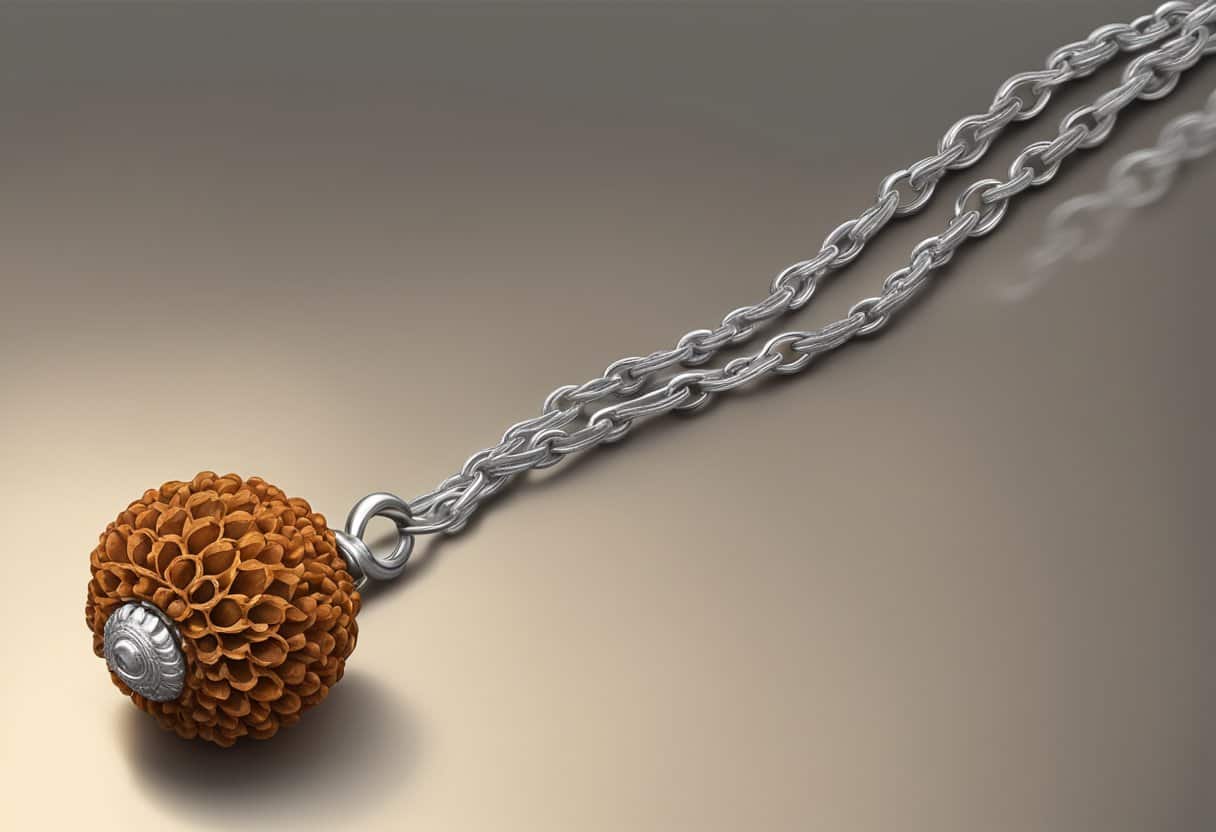 A single rudraksha bead suspended from a delicate chain, casting a faint shadow on a textured surface