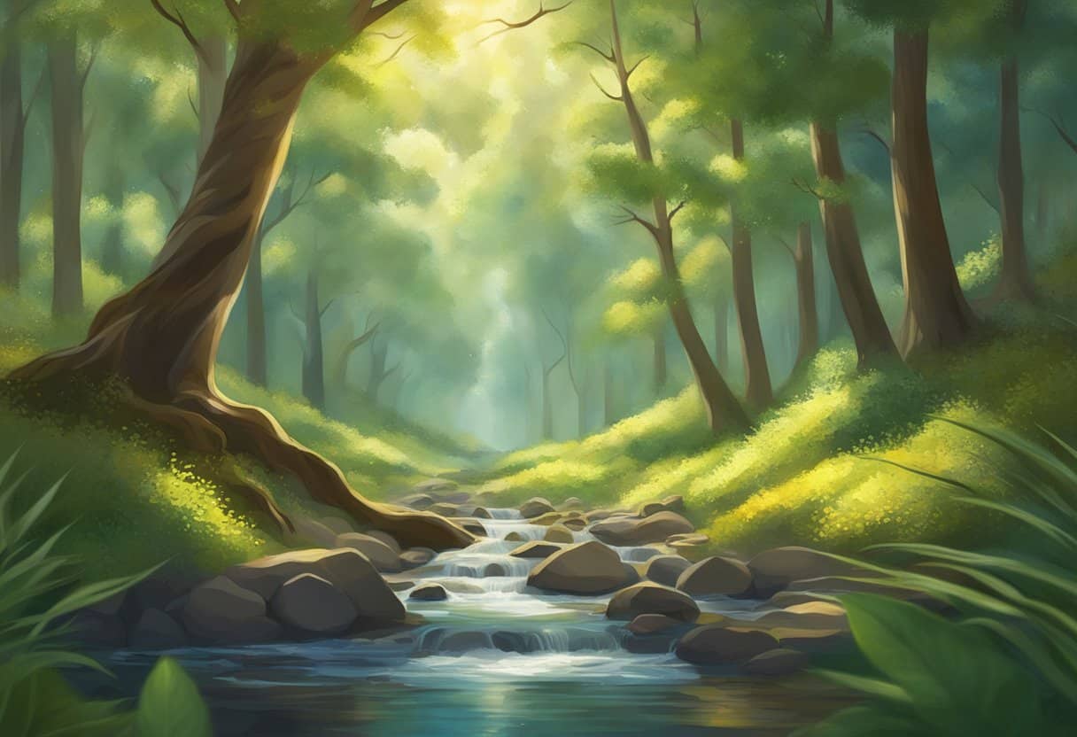 A serene forest with a clear stream, where a rudraksha tree stands tall, its seeds glistening in the sunlight