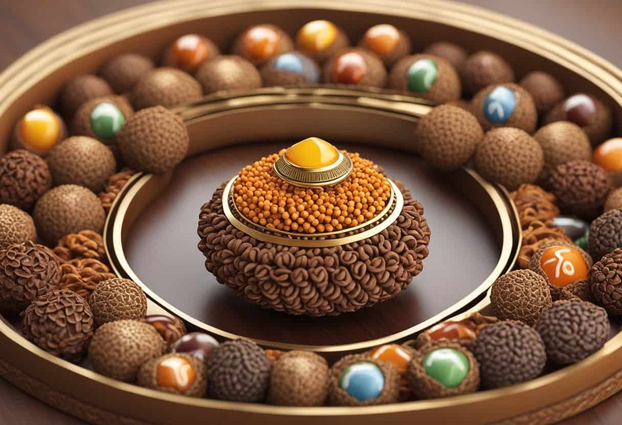 A collection of various rudraksha beads arranged in a circular pattern, with a sign reading "Frequently Asked Questions rudraksha" in the background