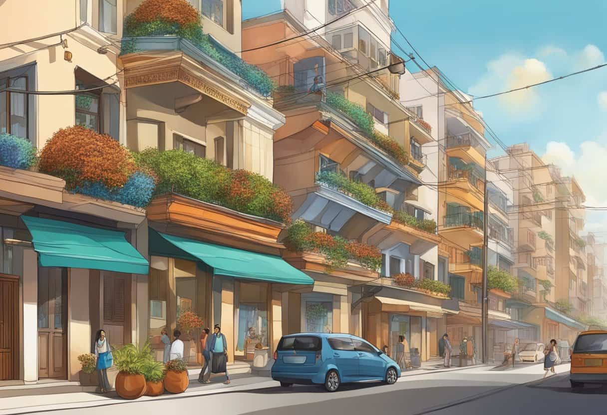 A modern urban setting with traditional cultural elements, such as a rudraksha bead necklace, displayed prominently