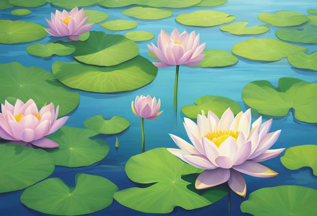 A serene lotus flower floating on a still pond, surrounded by vibrant green lily pads and reflecting the clear blue sky above