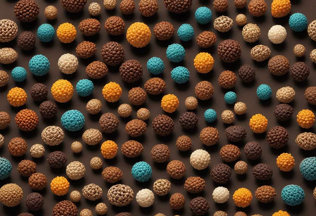 A collection of various types of rudraksha beads, each with unique properties, displayed on a wooden surface with soft lighting