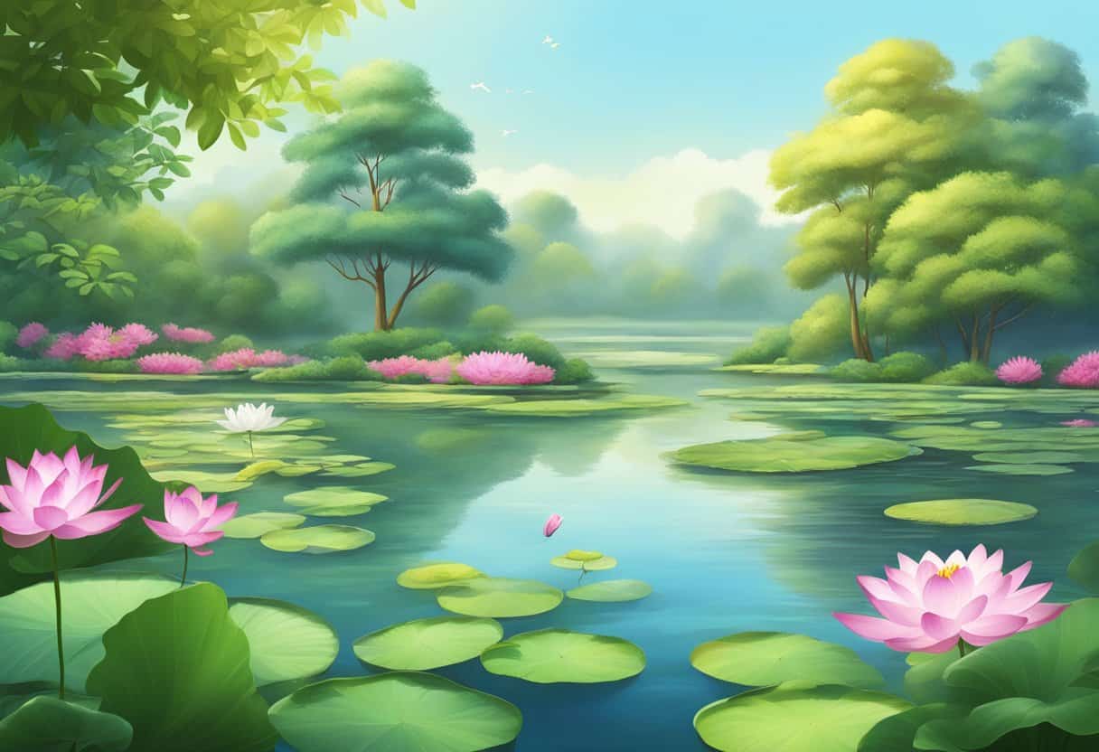 A tranquil garden with a lotus pond and a serene meditator under a Bodhi tree