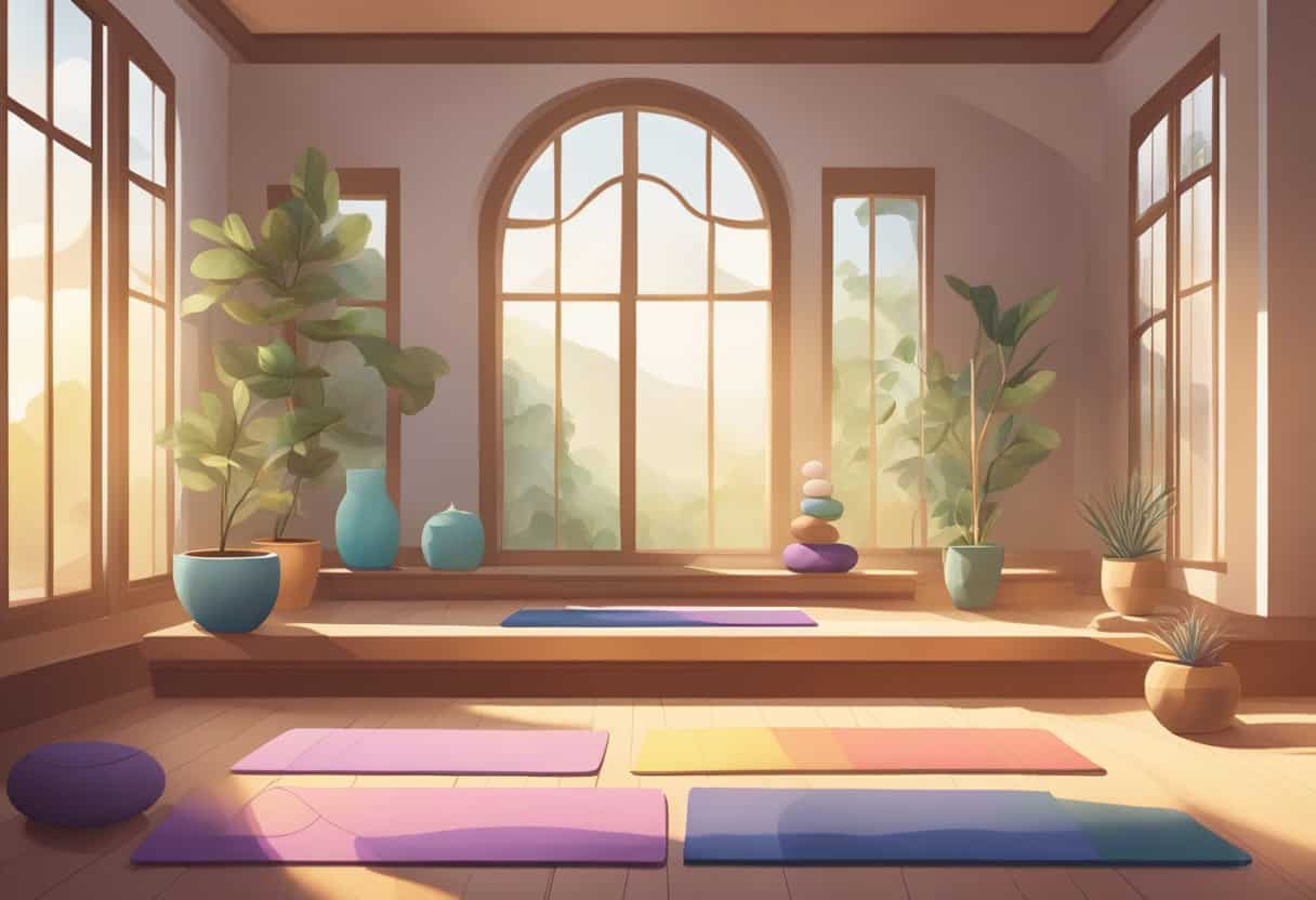 A serene room with yoga mats, cushions, and incense. Soft light filters in through the windows, creating a peaceful atmosphere for meditation and relaxation