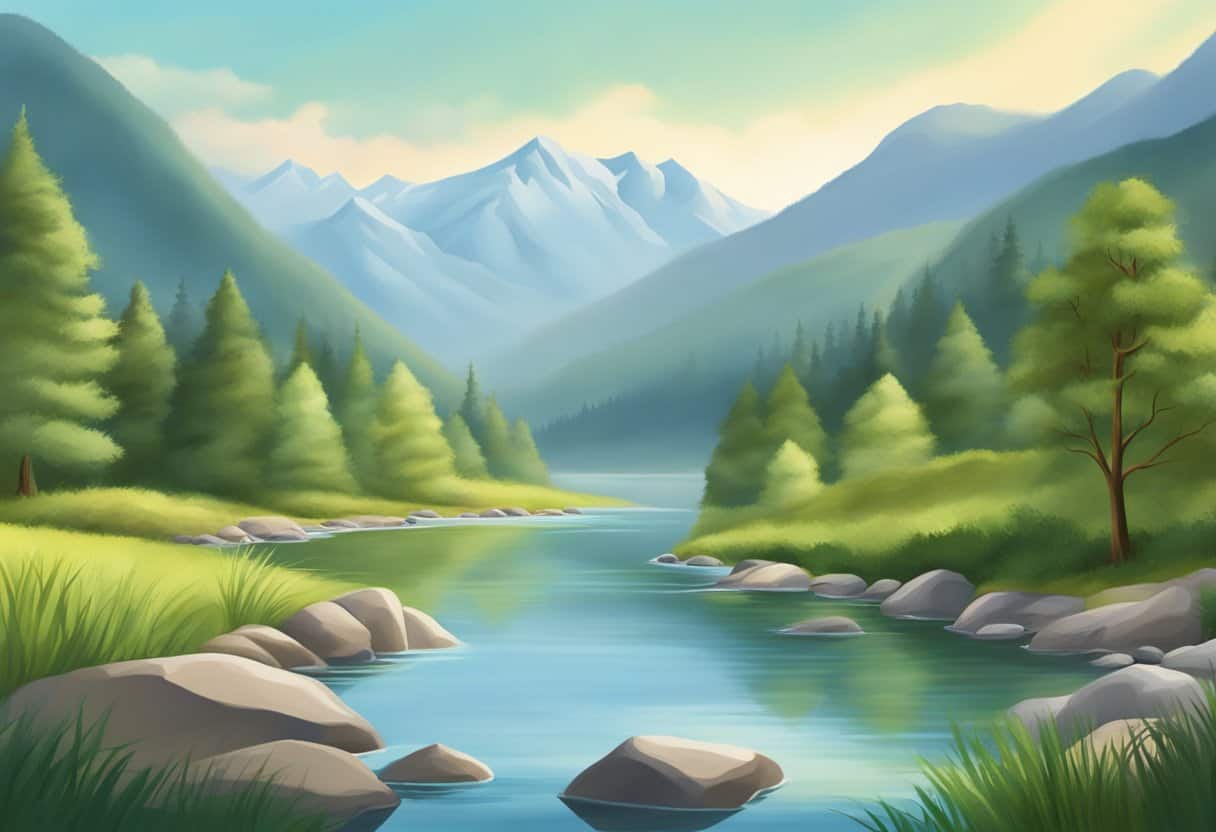 A serene natural setting with a clear sky, mountains, and a peaceful river, symbolizing the practice of kriya yoga