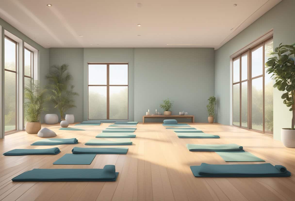 A serene and disciplined kriya yoga practice space with minimalistic decor and soft natural lighting