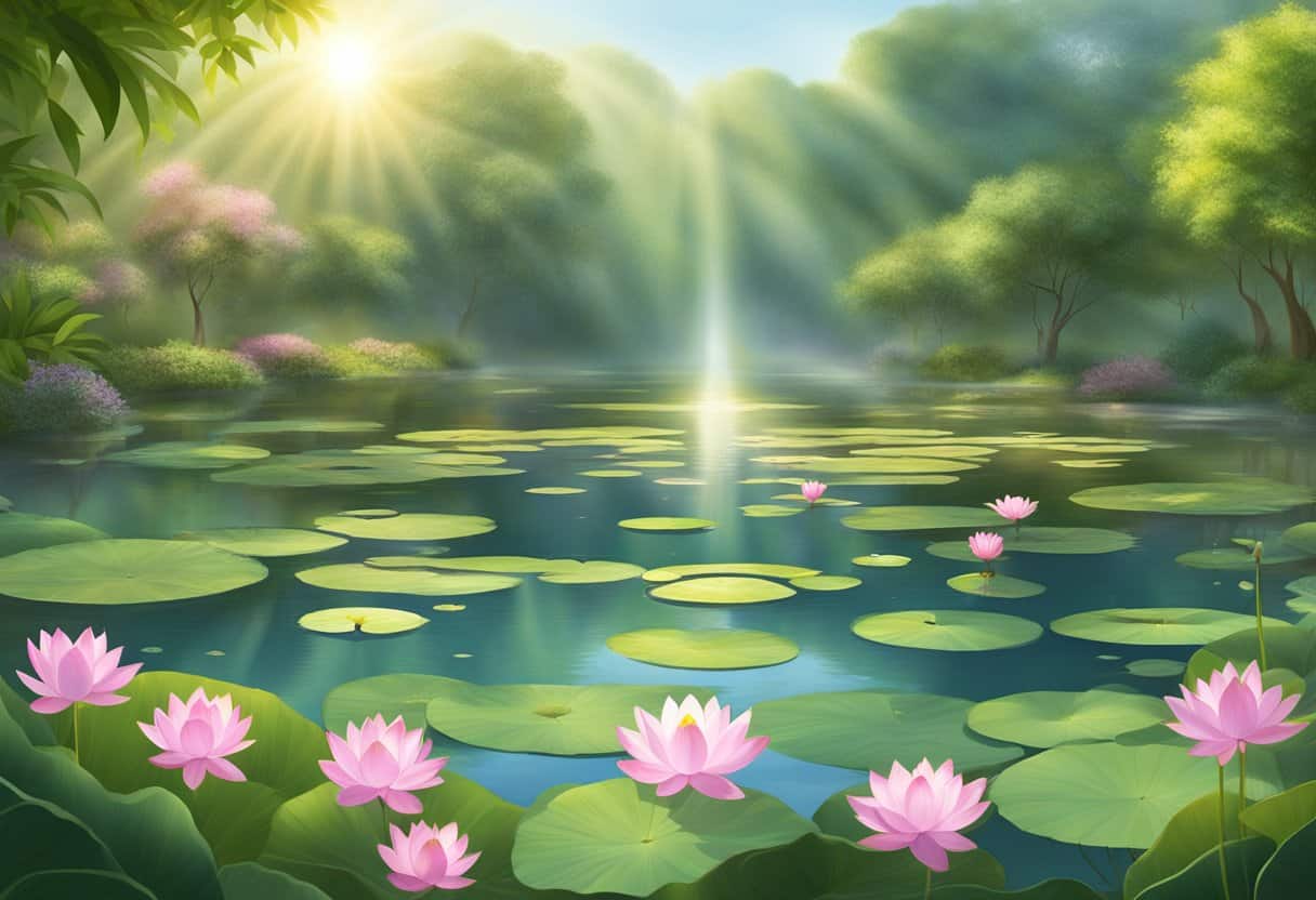 A serene garden with a blooming lotus pond surrounded by lush greenery and a radiant sun shining down, representing the benefits and transformation of kriya yoga