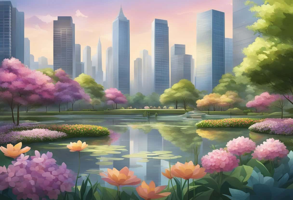 A serene garden with blooming flowers and a tranquil pond, surrounded by modern skyscrapers and bustling city life