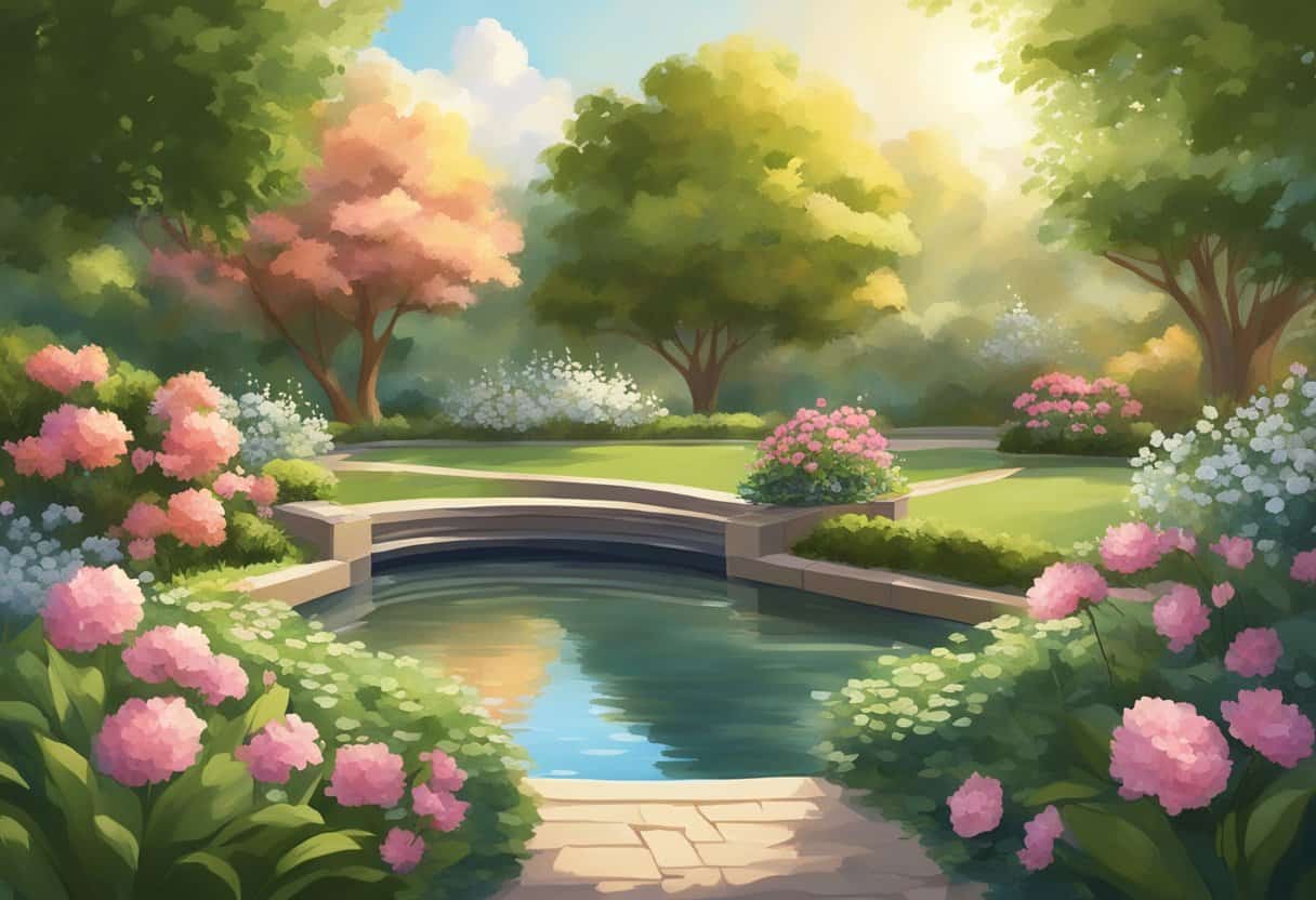 The serene setting of a peaceful garden with blooming flowers and a tranquil pond, surrounded by lush greenery and bathed in warm sunlight