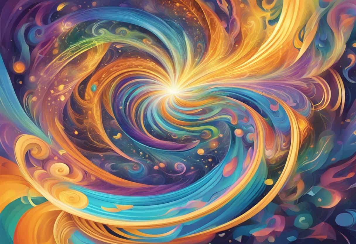 A swirling vortex of colorful energy representing the basic concepts of Samskaras, with intricate patterns and symbols merging and flowing together