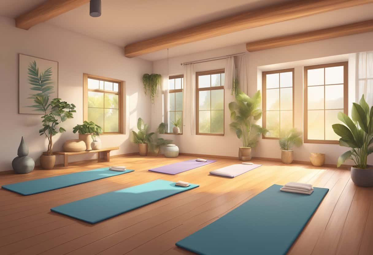 Yoga mats, blocks, and straps arranged in a peaceful studio setting with soft lighting and plants in the background