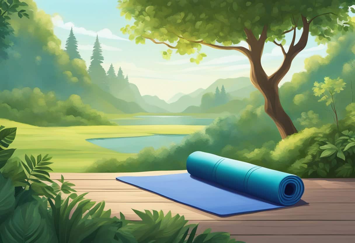 A serene yoga mat surrounded by nature, with a clear blue sky and lush greenery, creating a peaceful and tranquil atmosphere