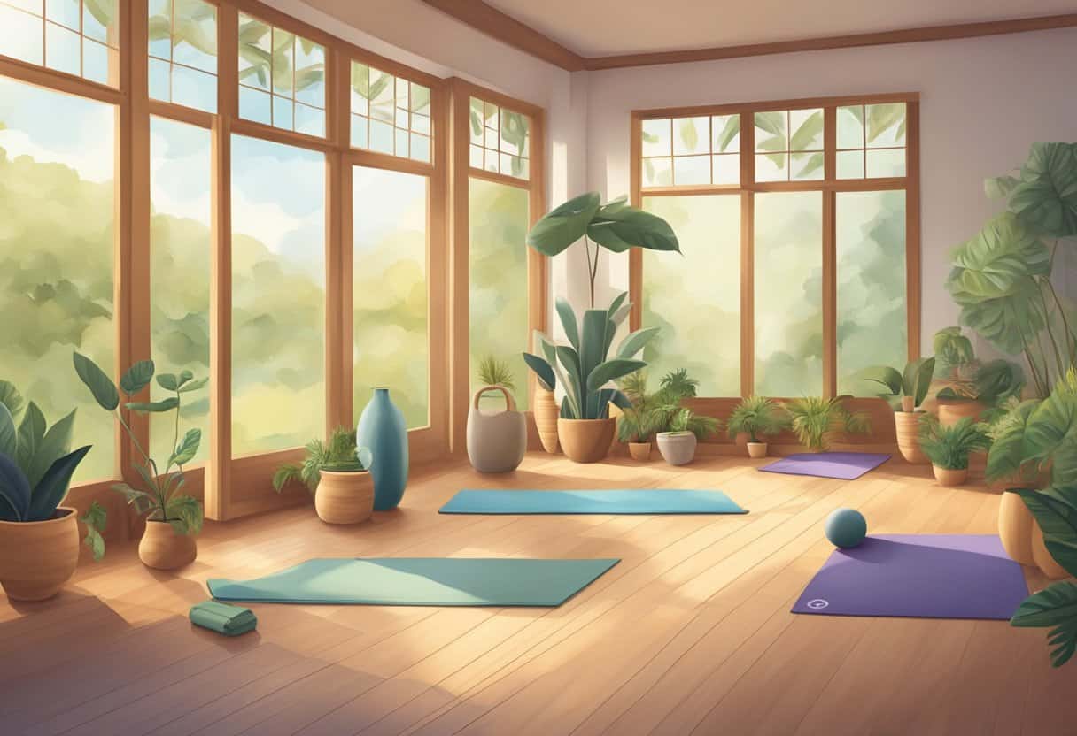 A serene yoga studio with props and mats, surrounded by nature, symbolizing the various types and goals of yoga practice