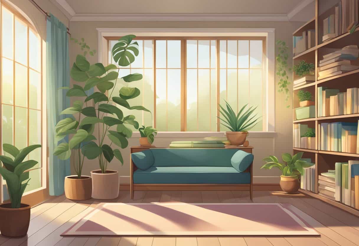 A serene room with a yoga mat, plants, and natural light. A bookshelf with yoga literature and a peaceful ambiance