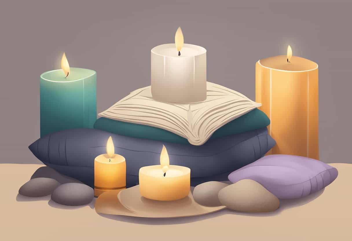 A serene setting with candles, incense, and a cushion for meditation